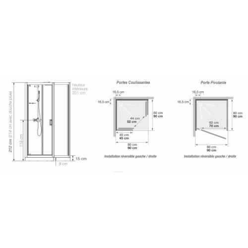 Cabine de douche EDEN C90 faible hauteur - Portes coulissantes - 90x90cm EDEN Carrée Schéma Cabine de douche EDEN C90 faible hauteur - Portes coulissantes - 90x90cm EDEN Carrée Schéma