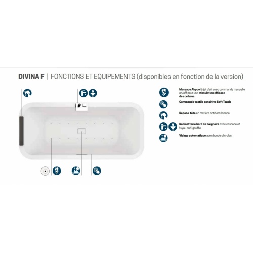 Baignoire Hydro Air DIVINA F Blanc Mat - Sans robinetterie DIVINA F Fonctions et équipementsJPG Baignoire Hydro Air DIVINA F Blanc Mat - Sans robinetterie DIVINA F Fonctions et équipementsJPG