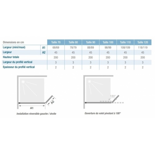 Paroi de douche fixe + volet pivotant KINESPACE DUO Cuivré 100+45cm KINESPACE DUO Cuivre Dimensions