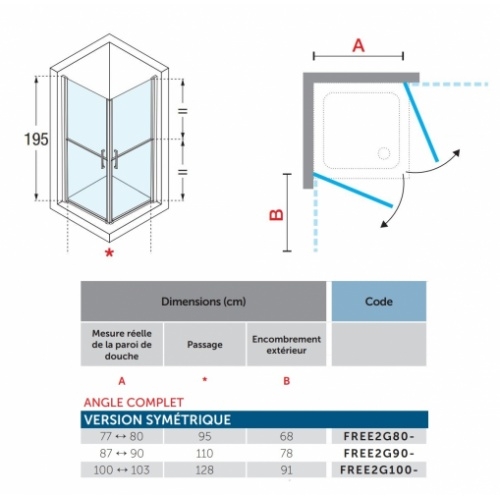 Paroi FREE 1 2G avec ouverture en 2 parties - Angle 90x90cm FREE1 2G Schéma Paroi FREE 1 2G avec ouverture en 2 parties - Angle 90x90cm FREE1 2G Schéma