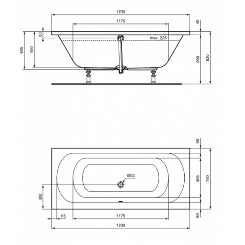 Baignoire rectangulaire HOTLINE Duo 170x75cm IdealStandard_K2749_Schéma 170x75 Baignoire rectangulaire HOTLINE Duo 170x75cm IdealStandard_K2749_Schéma 170x75