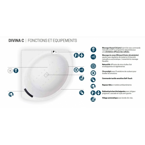 Baignoire d'angle DIVINA C Blanc brillant - Système Natural Air + Whirlpool - Avec Robinetterie - Tablier Pece DIVINA C Fonctions Natural Air Baignoire d'angle DIVINA C Blanc brillant - Système Natural Air + Whirlpool - Avec Robinetterie - Tablier Pece DIVINA C Fonctions Natural Air