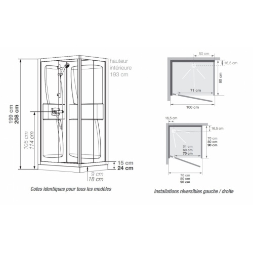 Cabine de douche Kineprime faible hauteur - Pivotante - 100x80cm KINEPRIME Porte pivotante