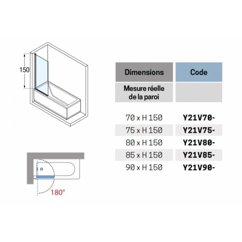 Pare-baignoire pivotant YOUNG 1V 70 cm- Transparent - Silver YOUNG 1V Schéma Pare-baignoire pivotant YOUNG 1V 70 cm- Transparent - Silver YOUNG 1V Schéma