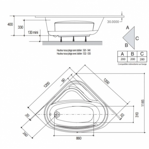 Baignoire d'angle VARIA 120x120 cm SANS Tablier baignoire-varia Schéma Baignoire d'angle VARIA 120x120 cm SANS Tablier baignoire-varia Schéma