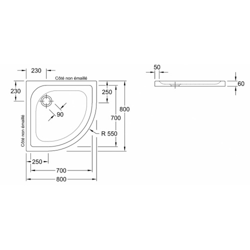 Receveur 1/4 de rond O.NOVO Plus en céramique - 80x80 cm Receveur O'Novo Plus - 6213 Schéma