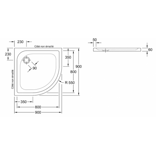 Receveur 1/4 de rond O.NOVO Plus en céramique - 90x90 cm Receveur O'Novo Plus - 6213 D4 Schéma Receveur 1/4 de rond O.NOVO Plus en céramique - 90x90 cm Receveur O'Novo Plus - 6213 D4 Schéma