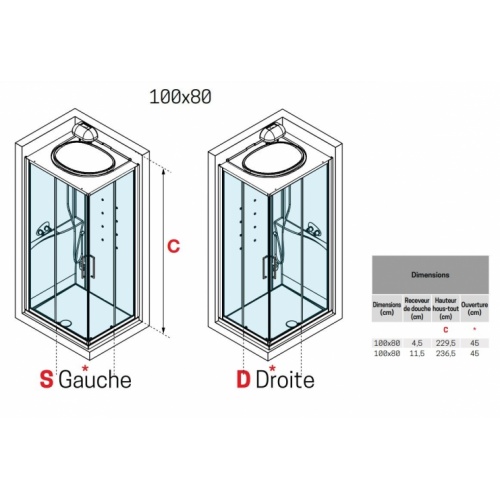 Cabine Hamman EON A 100x80 cm - Gauche- Mitigeur Thermostatique - Receveur 11.5 cm - Blanc Mat EON 100x80 Schéma Cabine Hamman EON A 100x80 cm - Gauche- Mitigeur Thermostatique - Receveur 11.5 cm - Blanc Mat EON 100x80 Schéma