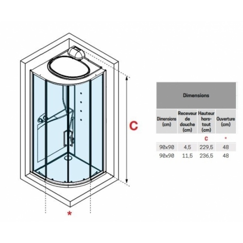 Cabine Hamman EON R 90x90 cm - Mitigeur Thermostatique - Receveur 11.5 cm - Blanc Mat EON R90 Schéma Cabine Hamman EON R 90x90 cm - Mitigeur Thermostatique - Receveur 11.5 cm - Blanc Mat EON R90 Schéma