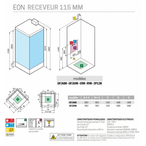 Cabine Hamman EON GF 90x90 cm - Mitigeur Thermostatique - Receveur 11.5 cm - Blanc Mat EON A80-A90 Schéma Tech 11 5 cm Cabine Hamman EON GF 90x90 cm - Mitigeur Thermostatique - Receveur 11.5 cm - Blanc Mat EON A80-A90 Schéma Tech 11 5 cm