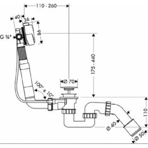 Vidage de baignoire à bec déverseur Exafill S 58113 cotes 58113 Vidage de baignoire à bec déverseur Exafill S 58113 cotes 58113