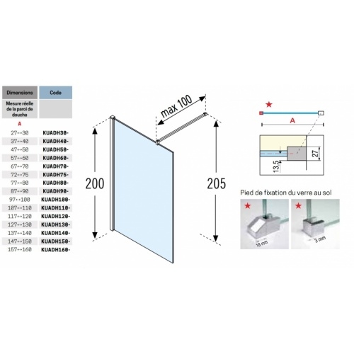 Paroi de douche Fixe KUADRA H Sérigraphié WIRES 100 cm KUADRA H Sérigraphié Schéma Paroi de douche Fixe KUADRA H Sérigraphié WIRES 100 cm KUADRA H Sérigraphié Schéma