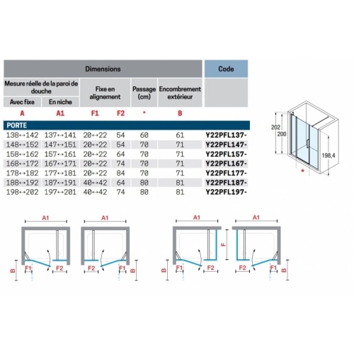 Paroi de douche YOUNG 2P+FL - 1 porte battante + 2 Fixes en alignement - 150 cm Schéma Y22PFLN Paroi de douche YOUNG 2P+FL - 1 porte battante + 2 Fixes en alignement - 150 cm Schéma Y22PFLN