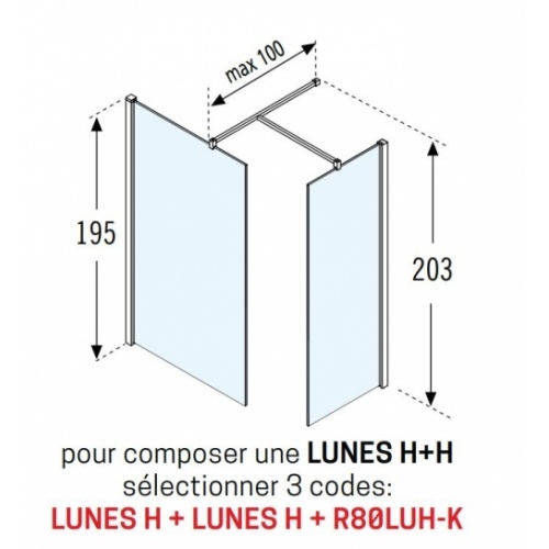 Paroi de douche fixe Lunes H 110 cm - Transparent - Chromé LUNES H+H Schéma