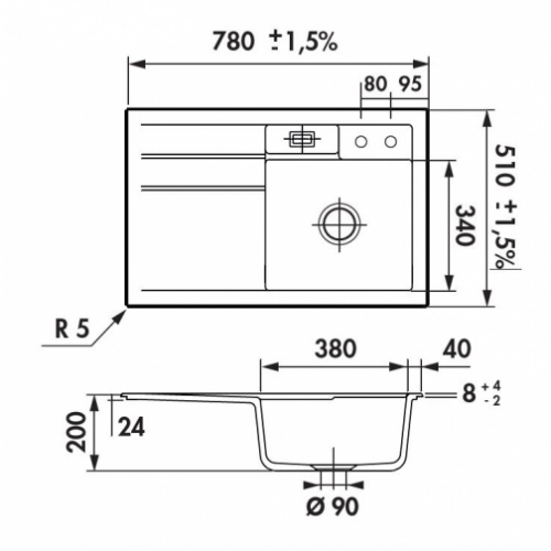 Évier BELA en Céramique Nigra - Égouttoir à Droite BELA Schéma Évier BELA en Céramique Nigra - Égouttoir à Droite BELA Schéma