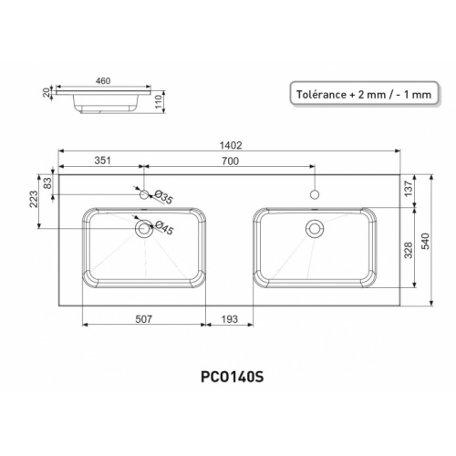 Meuble double vasque 140 cm COSY Baltique Naturel PCO140S - Plan SAVANE 140 Schéma
