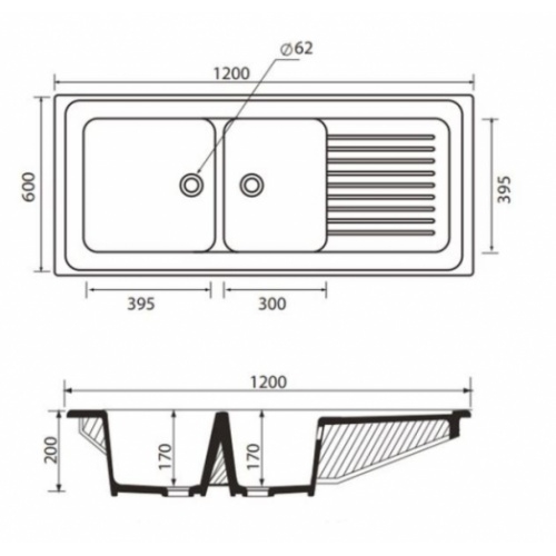 Évier à poser en céramique ISLANDE 120 cm - 2 cuves ISLANDE Schéma