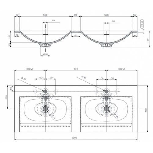 Meuble double vasque TEN 120 cm Chêne veiné Milano Ten plan schéma Meuble double vasque TEN 120 cm Chêne veiné Milano Ten plan schéma