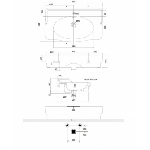 Vasque suspendue Rétro CASTELLANA Blanc - 90 cm CASTELLANA 5302 Schéma Vasque suspendue Rétro CASTELLANA Blanc - 90 cm CASTELLANA 5302 Schéma