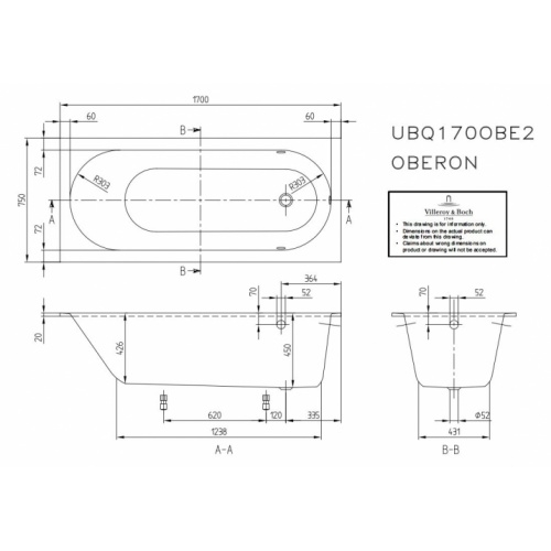 Baignoire à encastrer OBERON 170x75 cm - SANS tablier* OBERON 170x75 Schéma Baignoire à encastrer OBERON 170x75 cm - SANS tablier* OBERON 170x75 Schéma