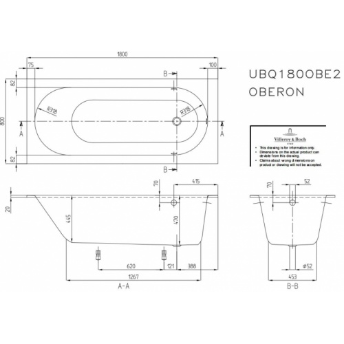 Baignoire à encastrer OBERON 180x80 cm - SANS tablier OBERON 180Schéma Baignoire à encastrer OBERON 180x80 cm - SANS tablier OBERON 180Schéma