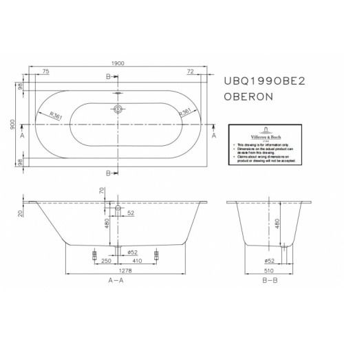 Baignoire à encastrer OBERON 190x90 cm - SANS tablier OBERON 190Schéma