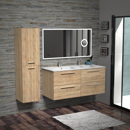 Meuble double vasque BIZ 120 cm Bois Clair + Miroir Lite