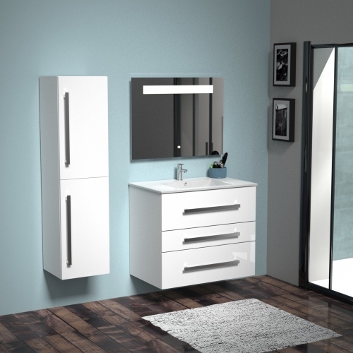 Meuble TERCIO 80cm Blanc Brillant avec miroir Kathy