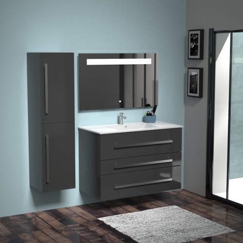 Meuble TERCIO 100cm Gris Brillant avec miroir Kathy Meuble TERCIO 100cm Gris Brillant avec miroir Kathy