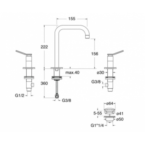 Mélangeur lavabo EAST SIDE 3 trous Or Rose brossé ES20513 Schéma Mélangeur lavabo EAST SIDE 3 trous Or Rose brossé ES20513 Schéma