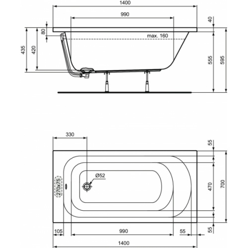 Baignoire ULYSSE à encastrer ou à poser 140x70 cm ULYSSE 140 Schéma Baignoire ULYSSE à encastrer ou à poser 140x70 cm ULYSSE 140 Schéma