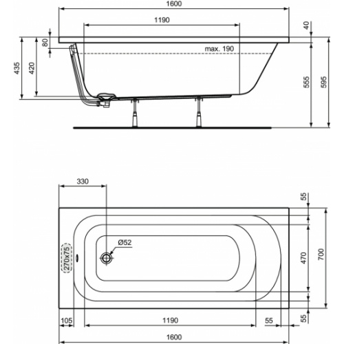 Baignoire ULYSSE à encastrer ou à poser 160x70 cm ULYSSE 160 Schéma Baignoire ULYSSE à encastrer ou à poser 160x70 cm ULYSSE 160 Schéma