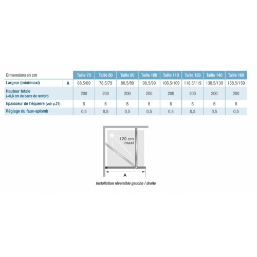 Paroi fixe KINEQUARTZ équerres SOLO verre Fumé miroir - 70 cm KINEQUARTS Solo Schéma
