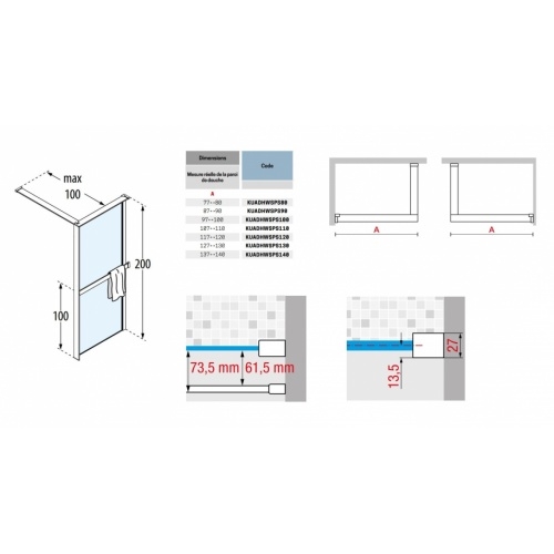 Paroi fixe KUADRA HWS avec porte-serviette Noir mat - 140cm - Droite KUADRA HWS Schéma Paroi fixe KUADRA HWS avec porte-serviette Noir mat - 140cm - Droite KUADRA HWS Schéma