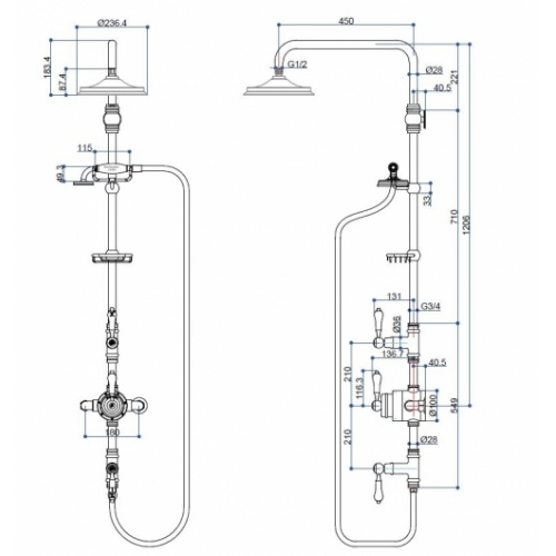 Colonne de douche Rétro STOUR thermostatique - Douche de tête 180mm STOUR Schéma Colonne de douche Rétro STOUR thermostatique - Douche de tête 180mm STOUR Schéma