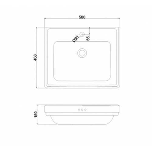 Vasque Rétro rectangulaire RIVIERA 58 cm - 2 Trous RIV1 1TH_Schéma Vasque Rétro rectangulaire RIVIERA 58 cm - 2 Trous RIV1 1TH_Schéma