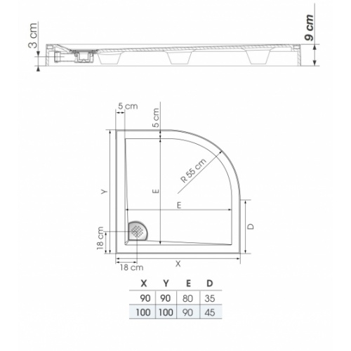 Receveur 1/4 rond 90x90 Kinesurf Blanc KINESURF R Schéma 9 cm Receveur 1/4 rond 90x90 Kinesurf Blanc KINESURF R Schéma 9 cm