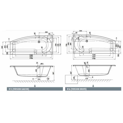 Baignoire asymétrique ECOCURVE 170cm - Droite ECOCURVE Schéma Baignoire asymétrique ECOCURVE 170cm - Droite ECOCURVE Schéma