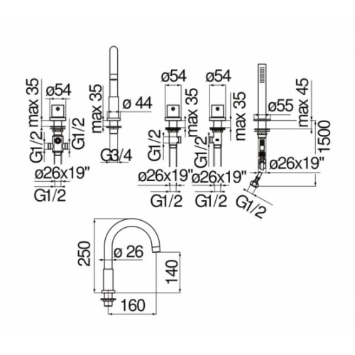 Mitigeur Bain/Douche sur gorge LIVE Velvet Black - 5 Trous Live WEBK204-TBM schéma Mitigeur Bain/Douche sur gorge LIVE Velvet Black - 5 Trous Live WEBK204-TBM schéma