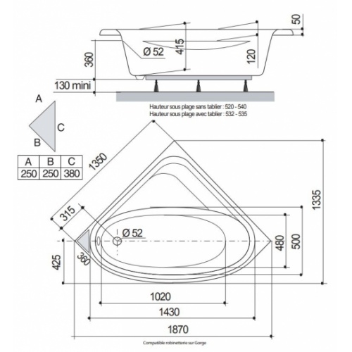 Baignoire d'angle FORIA avec tablier FORIA Schéma
