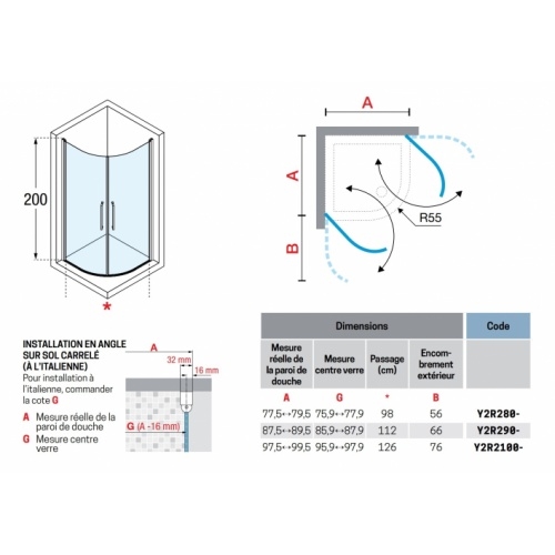 Paroi de douche 1/4 de rond YOUNG R2 LUX - Transparent - Noir - 80x80 cm YOUNG R2 LUX Schéma Paroi de douche 1/4 de rond YOUNG R2 LUX - Transparent - Noir - 80x80 cm YOUNG R2 LUX Schéma