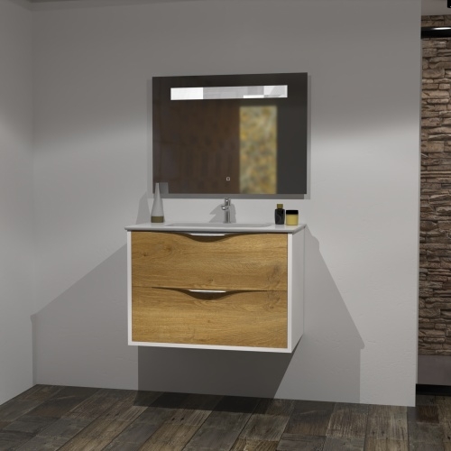 Meuble LE FRENCH Blanc/Chêne Clair avec Miroir antibuée - 80cm Meuble LE FRENCH Blanc/Chêne Clair avec Miroir antibuée - 80cm