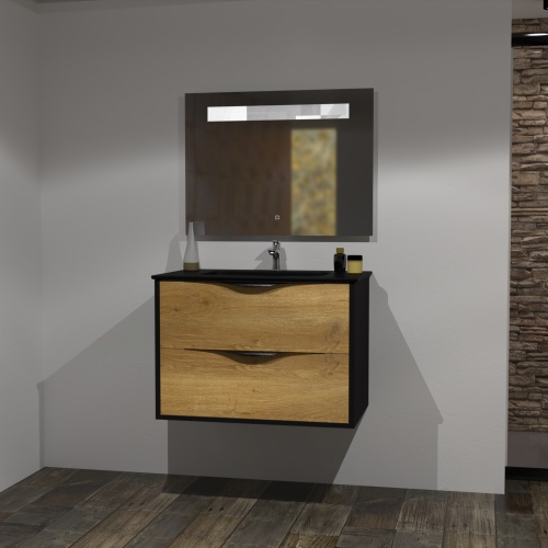 Meuble LE FRENCH Noir mat/Chêne Clair avec Miroir antibuée - 80cm Meuble LE FRENCH Noir mat/Chêne Clair avec Miroir antibuée - 80cm