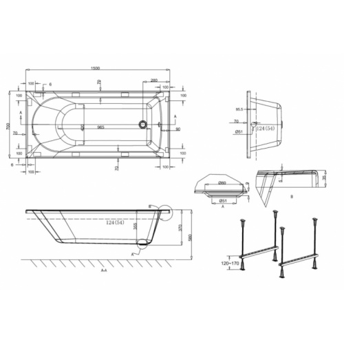 Baignoire renforcée REUSE 150x70cm R11 Schéma Baignoire renforcée REUSE 150x70cm R11 Schéma