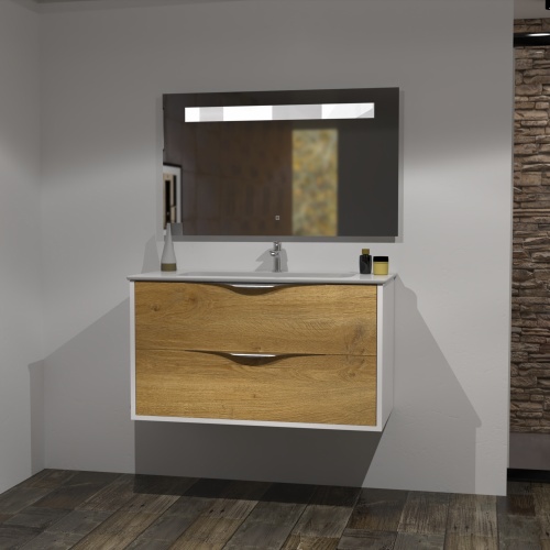 Meuble LE FRENCH Blanc/Chêne Clair avec Miroir antibuée - 100cm Meuble LE FRENCH Blanc/Chêne Clair avec Miroir antibuée - 100cm
