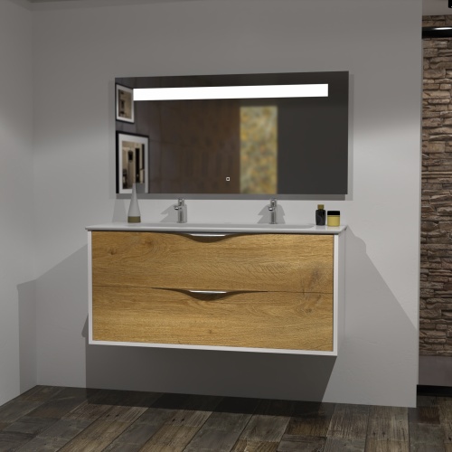 Meuble LE FRENCH Blanc/Chêne Clair avec Miroir antibuée - 120cm Meuble LE FRENCH Blanc/Chêne Clair avec Miroir antibuée - 120cm