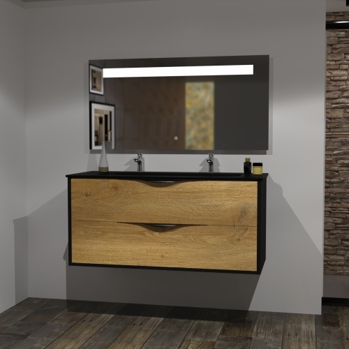 Meuble LE FRENCH Noir mat/Chêne Clair avec Miroir antibuée - 120cm Meuble LE FRENCH Noir mat/Chêne Clair avec Miroir antibuée - 120cm