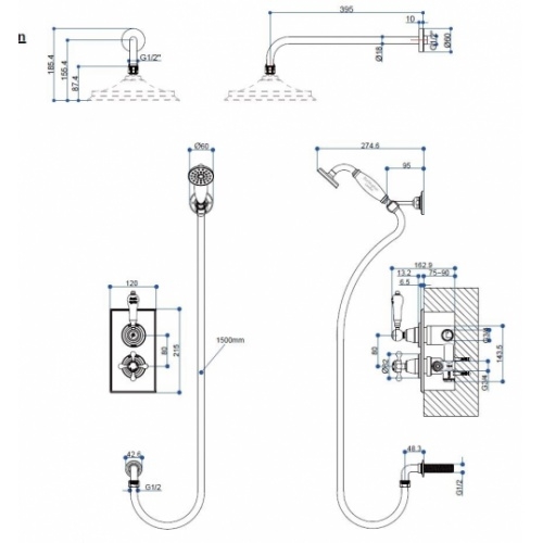 Colonne de douche encastrée TRENT rétro - Noir TF2S BLA+V16 Schéma Colonne de douche encastrée TRENT rétro - Noir TF2S BLA+V16 Schéma