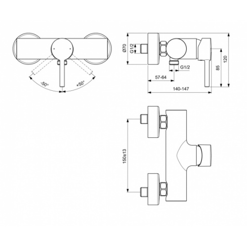 Mitigeur de douche mural CERALINE Chromé BC200 Schéma Mitigeur de douche mural CERALINE Chromé BC200 Schéma