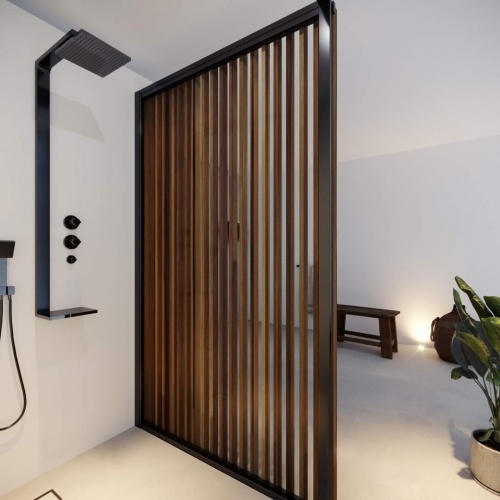 Paroi walk in CLAUSTRA Noir et Effet Bois 140 cm Japandi Claustra Intérieur Paroi walk in CLAUSTRA Noir et Effet Bois 140 cm Japandi Claustra Intérieur